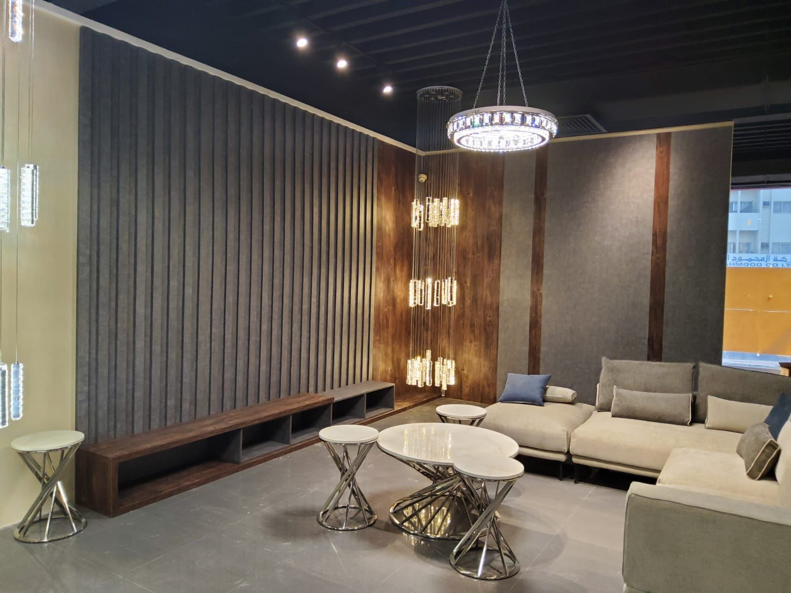 Showroom wall paneling and crystal chandelier